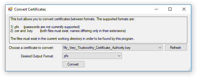 Screenshot of Convert Certificates Panel