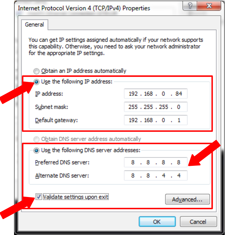 The complete static IP config on the TCP/IPv4 connection