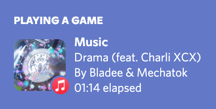 Preview Screenshot: Playing a game. Music. Drama featuring Charli XCX. By Bladee & Mechatok. One minute and 14 seconds elapsed.