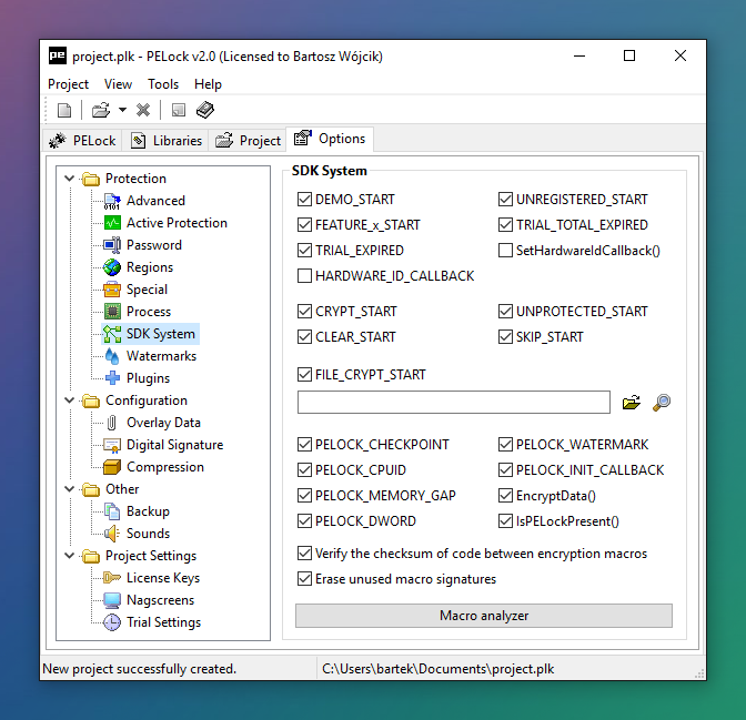 Protection and Licensing SDK settings