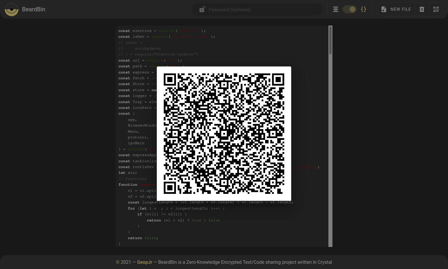 screenshot showing BaraBin showing a qrcode