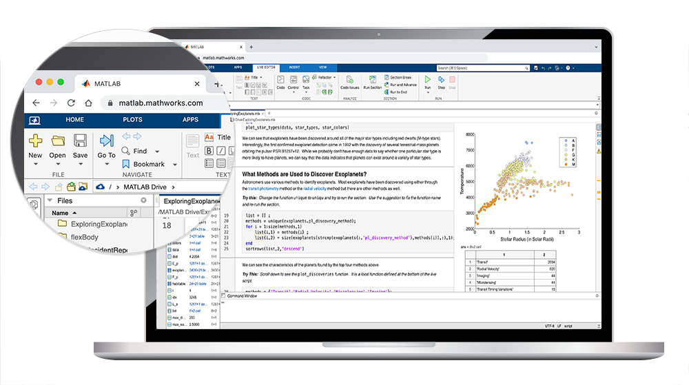 Preview of MATLAB online with a closeup of the toolstrip.