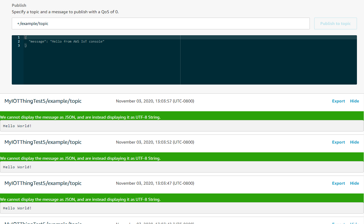 [MQTT demo console output on successful completion]