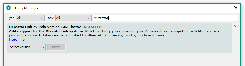 MCreator Link in Arduino Library Manager