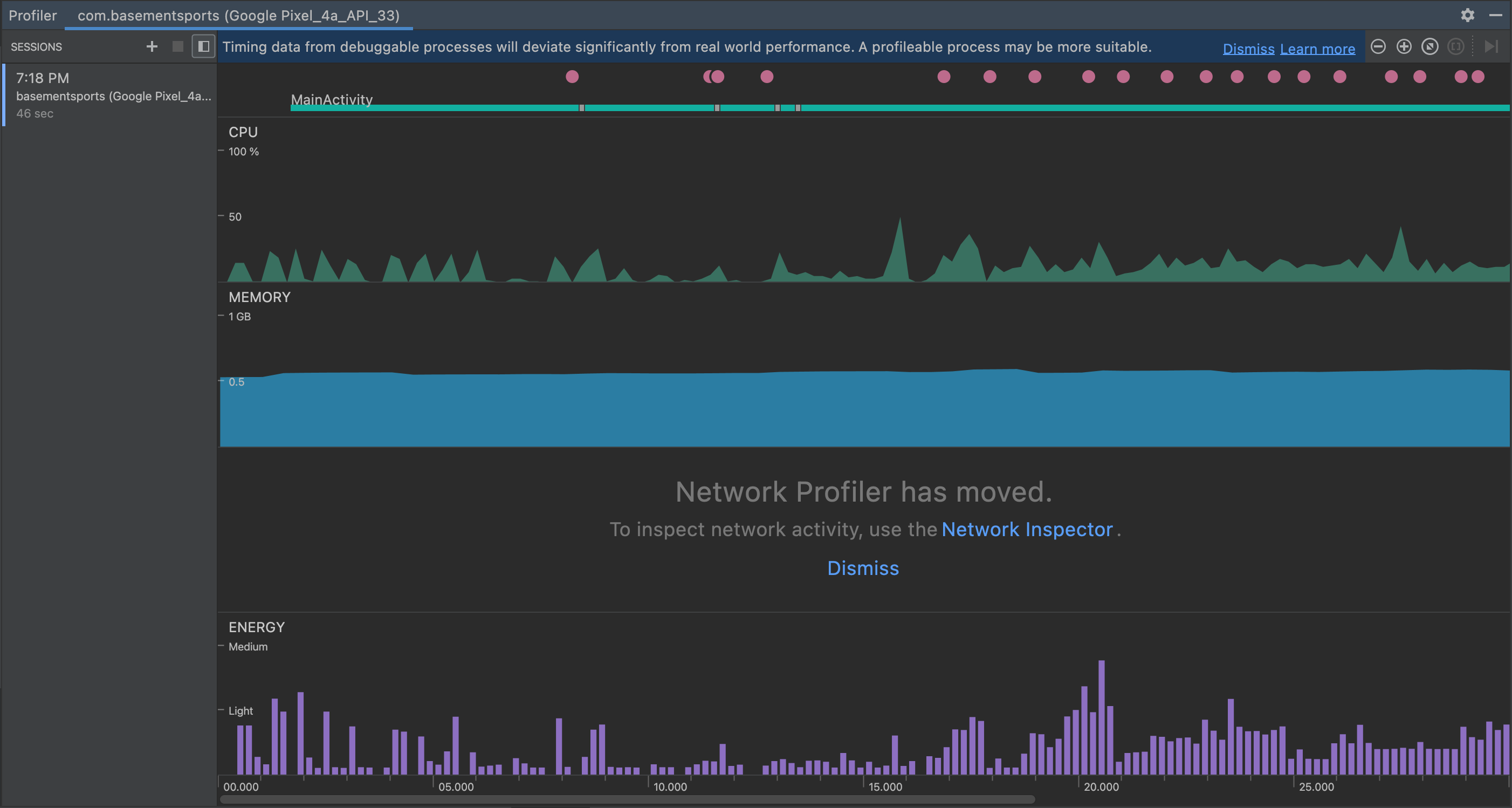 Android Profiler Session Profiled