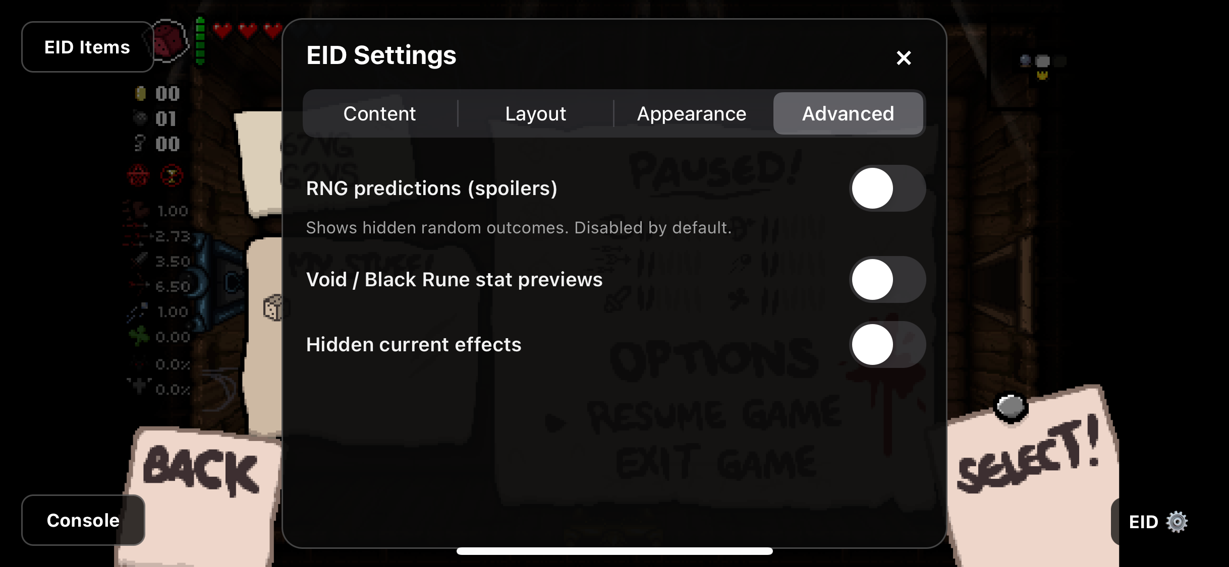 RNG predictions, Void / Black Rune stat previews and hidden current effects are separate options, all off by default.