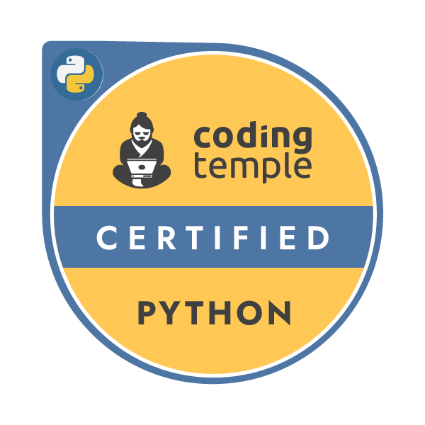 Python Certified badge image. Certification. Intermediate level. Issued by Coding Temple