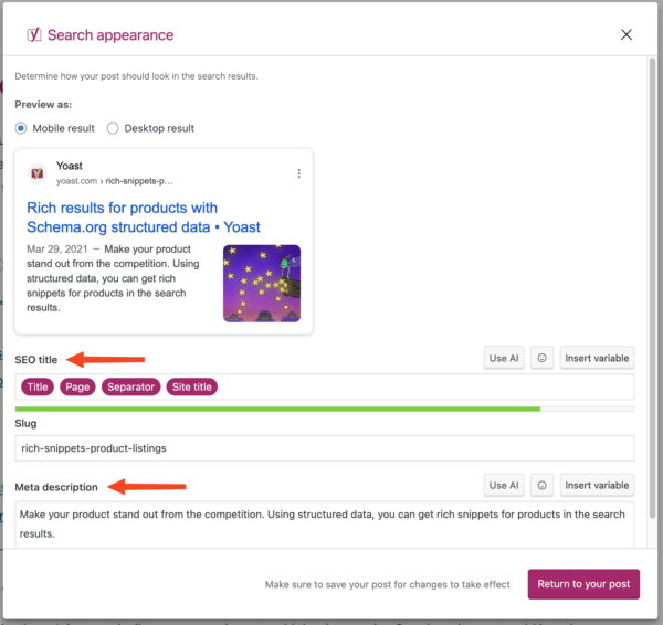 Screenshot of the Yoast module on the Post edit page, prompting the user to type a short "Meta description" that summarizes the article