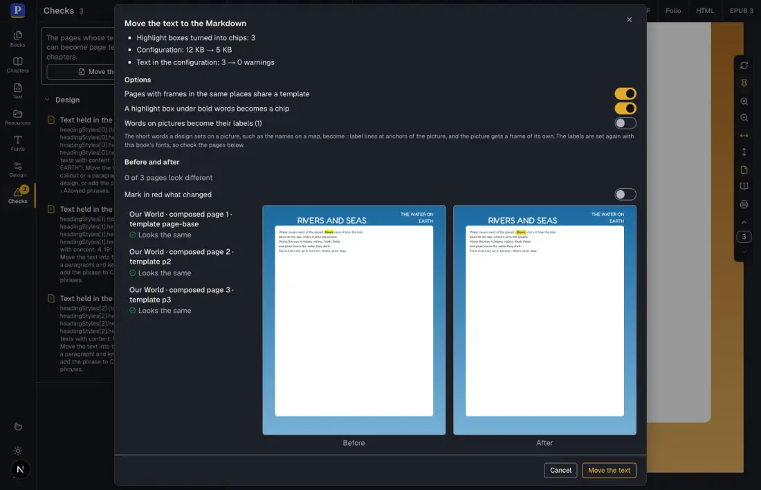 The end of the dialog: the list of pages marked Looks the same and, side by side, a page before and after the move.