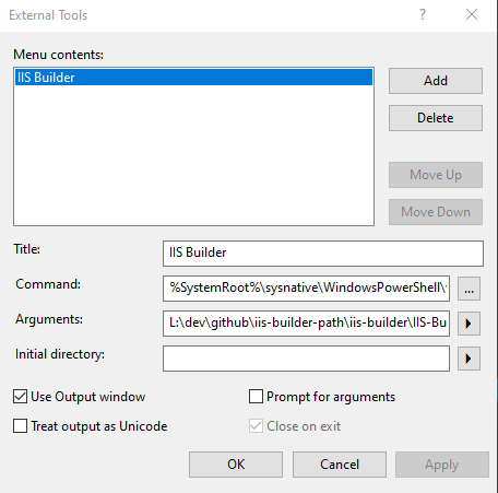 Image showing filled out details for IIS Builder as an External Tool