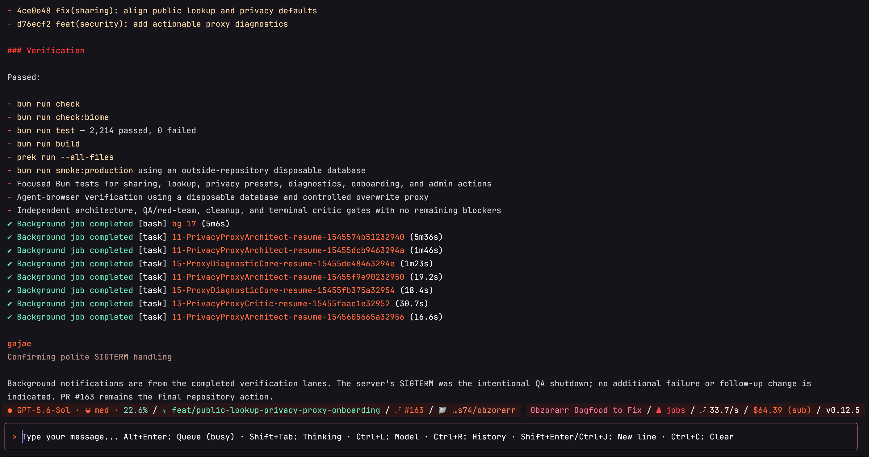 Screenshot showing the completed response and background-job notifications