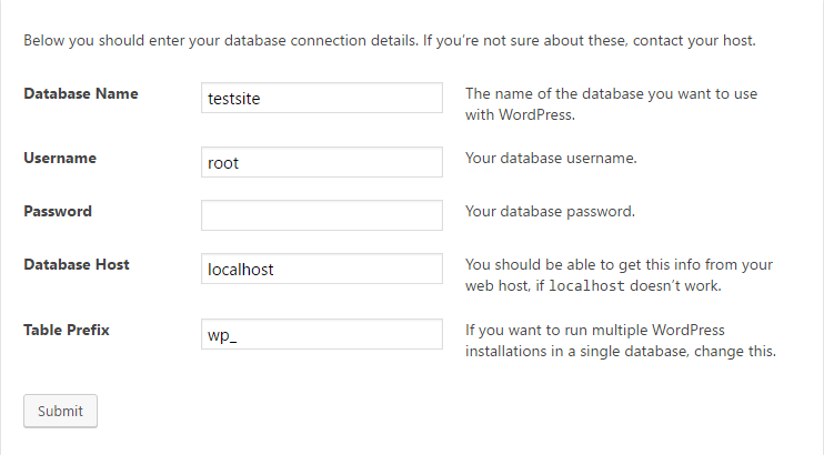 database settings when you install WordPress locally