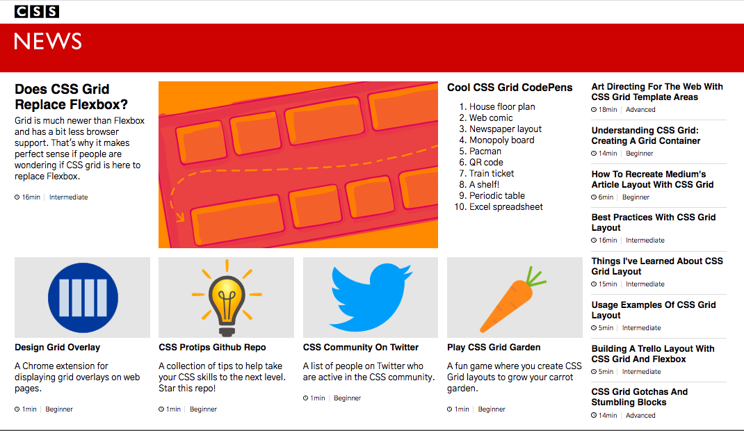 A screenshot of our fictional CSS News home page