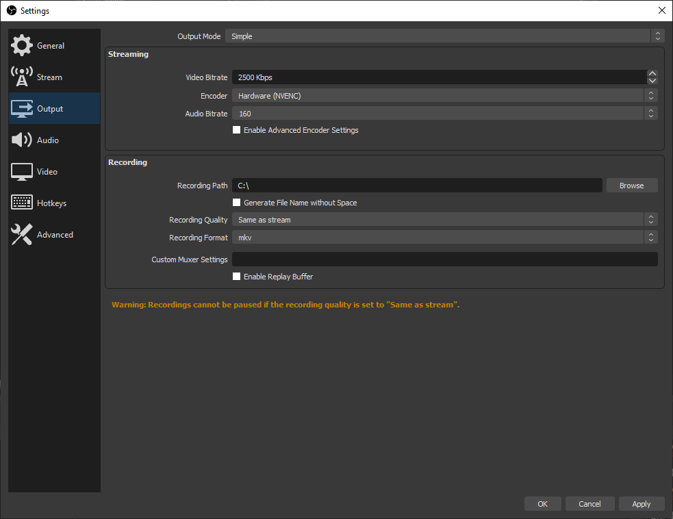 OBS Settings Output Window