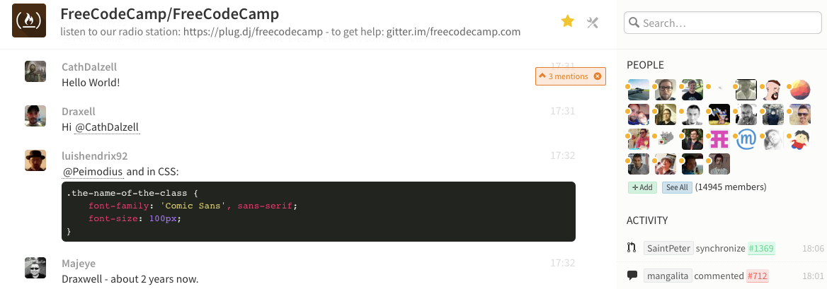 A screenshot from Gitter