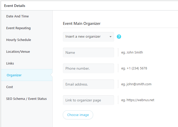 WordPress Event Calendar - Shortcode edit page