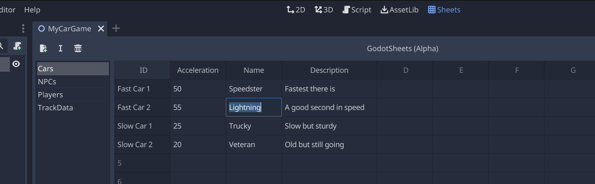 New Sheets section tab