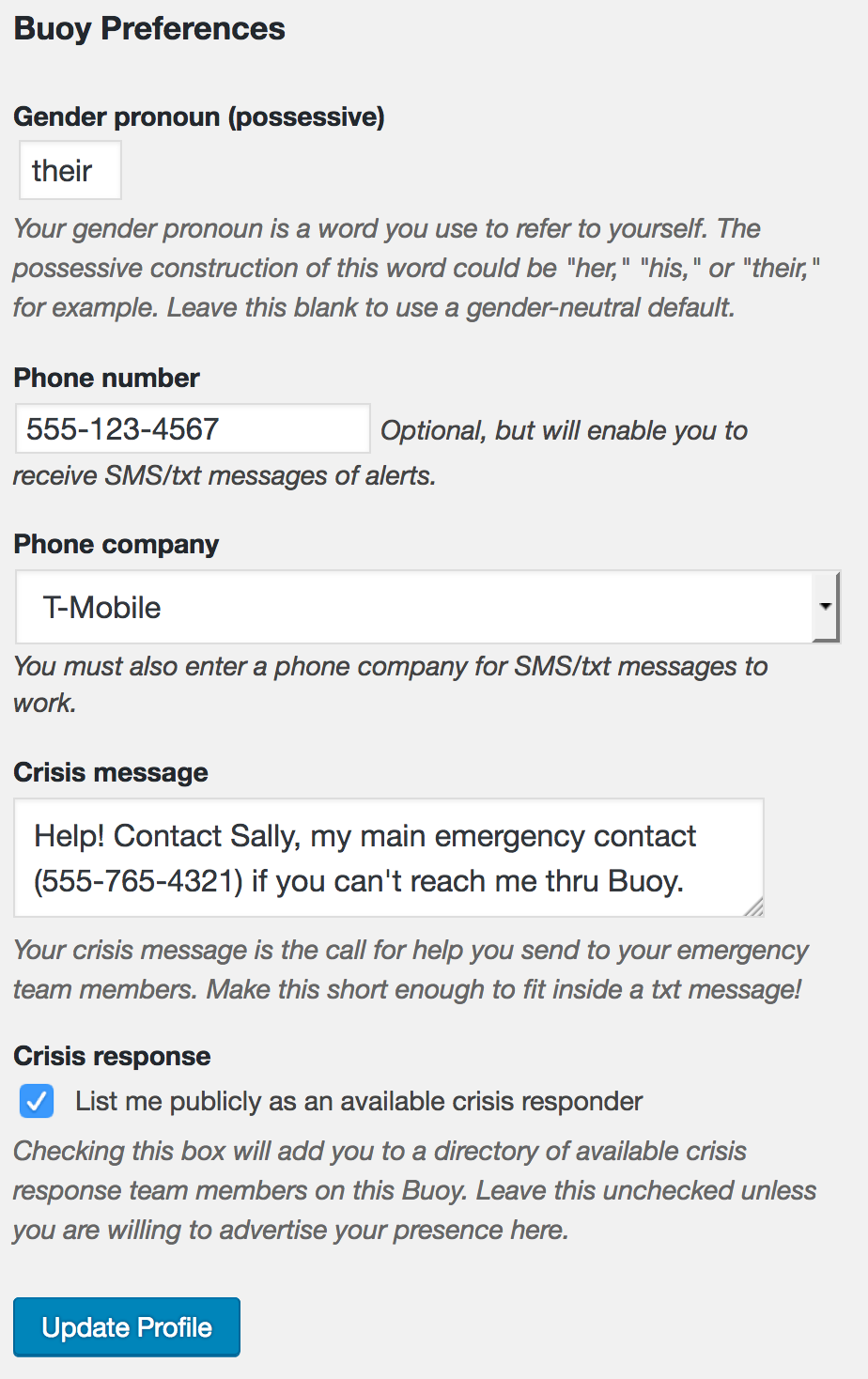 Screenshot of example user information in a Buoy profile.