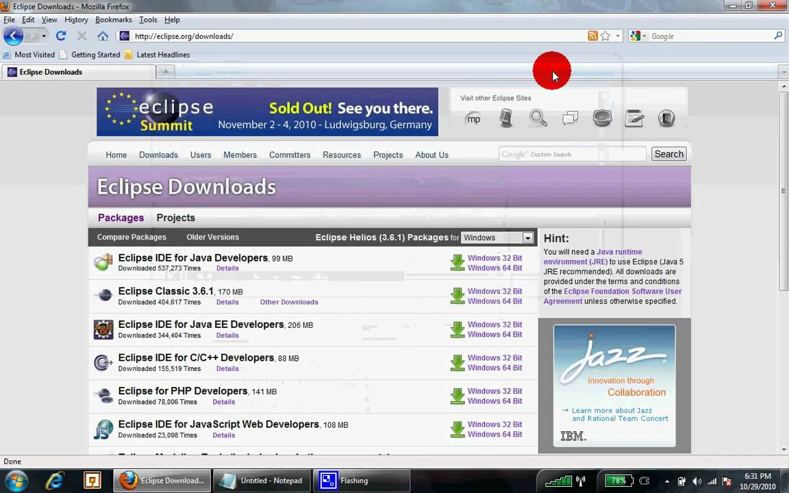 Eclipse download page from 2010