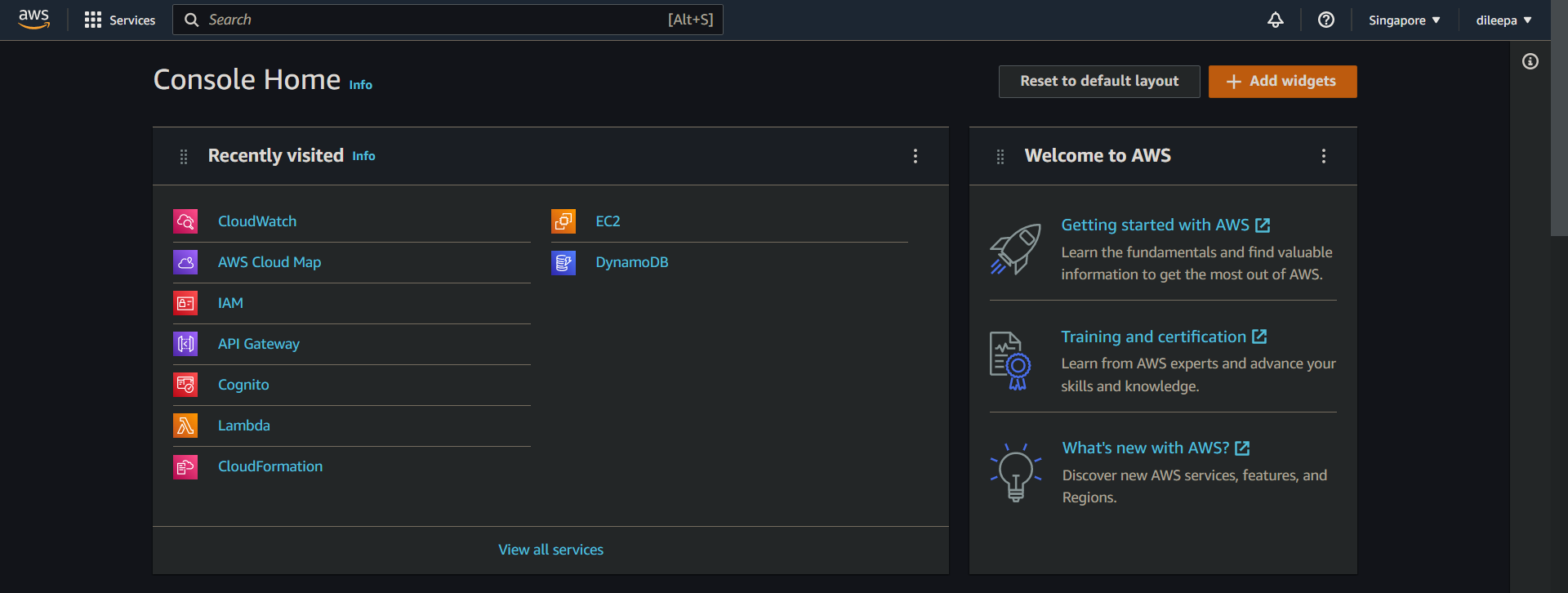 AWS Console Home Page