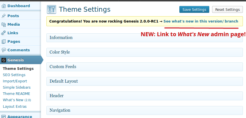 Genesis What's New Info: New link to "What's New" page in upgrade notice. (Click here for larger version of screenshot).