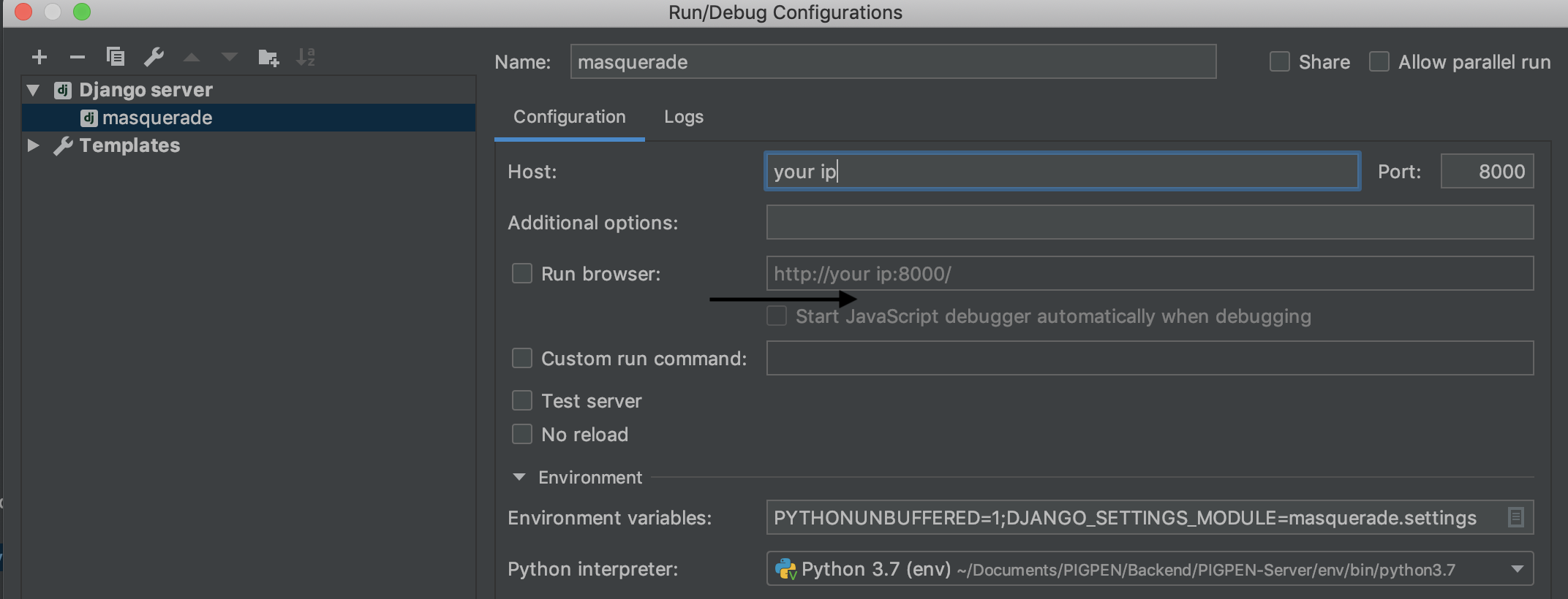 pyCharm 中的 web 服务器配置