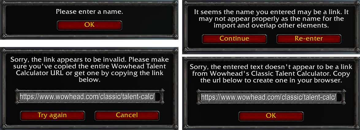 The image shows the 4 different error/warning messages that can appear.