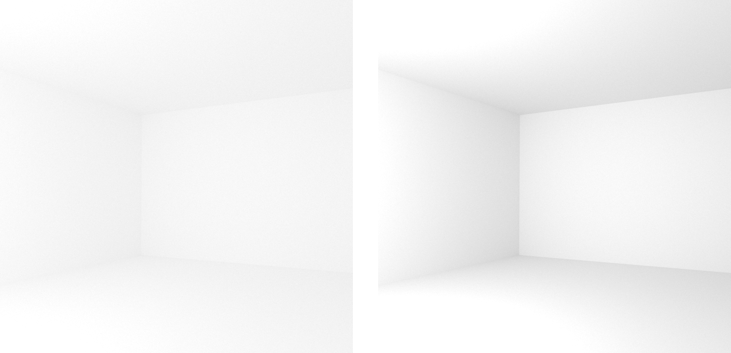 Comparison of diffuse rooms with 100% reflecting white paint (left) and realistic 80% reflecting white paint (right), which leads to in higher overall contrast. Note that exposure has been adjusted to achieve similar brightness levels.