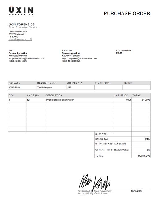 purchase order for iPhone forensic examination from a company called Üxin Forensics