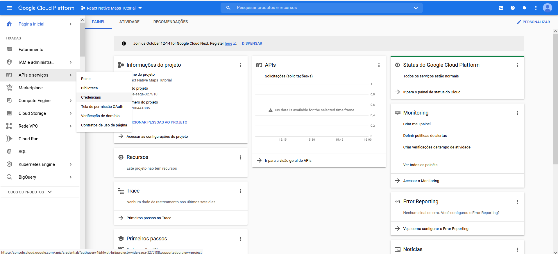 Acessando as configurações de credenciais