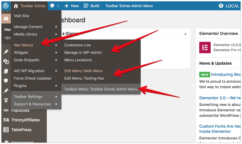 Toolbar Extras - Nav Menus - jump to admin/ Customizer pages - edit existing menus, including the optional "Toolbar Admin Menu"