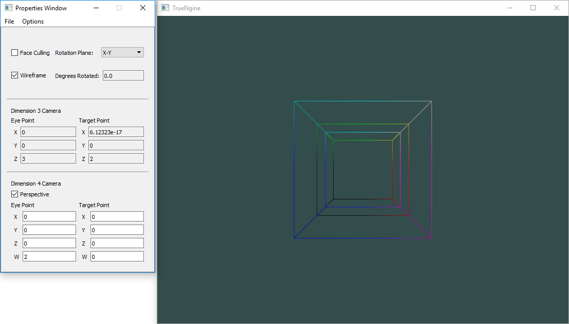 The starting screen of the program, showing the perspective projection of a Hypercube.