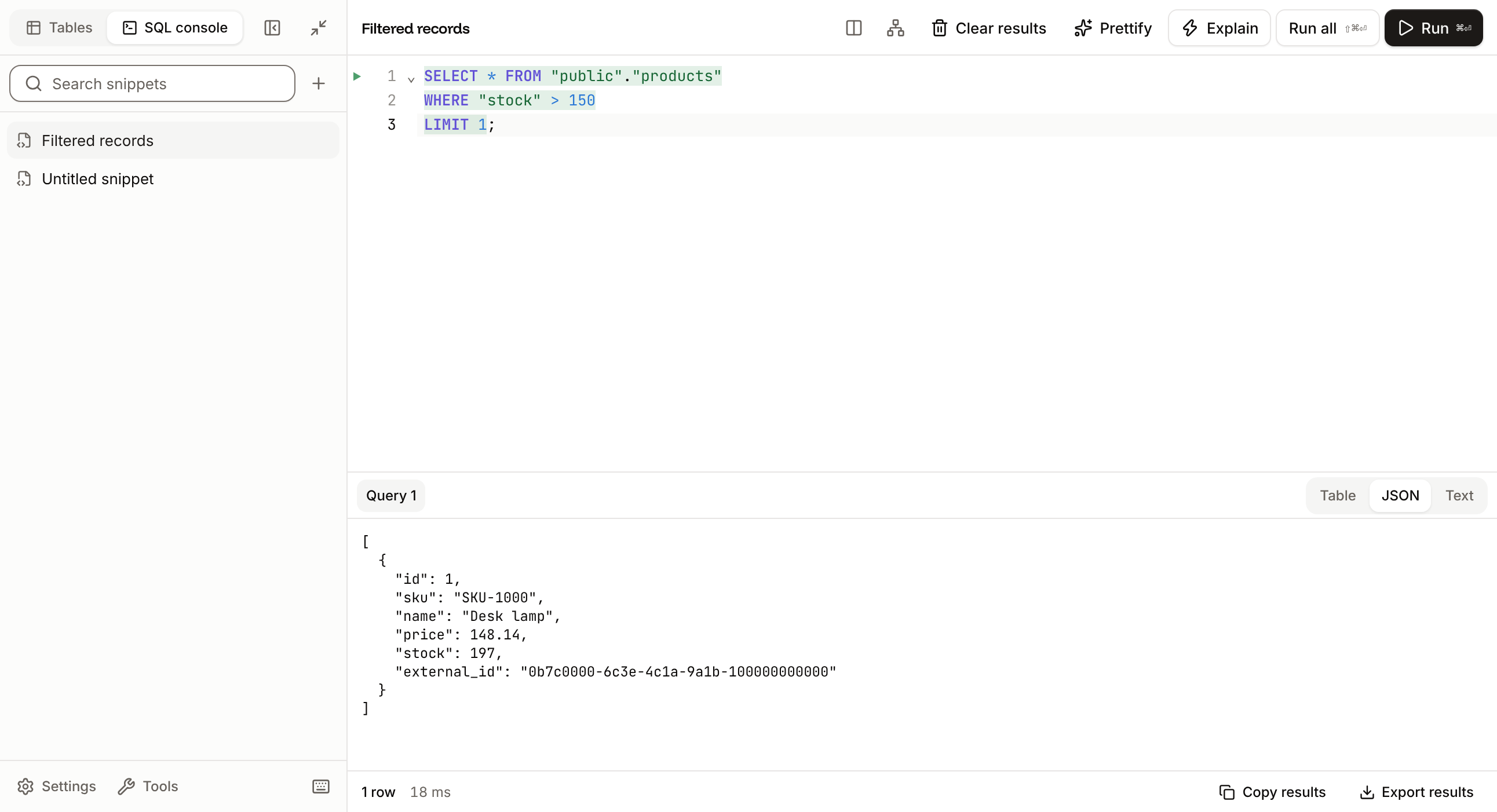 Database Studio's SQL console: a query on a products table and its result as JSON.