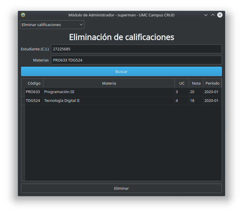 Ventana de eliminación de calificaciones