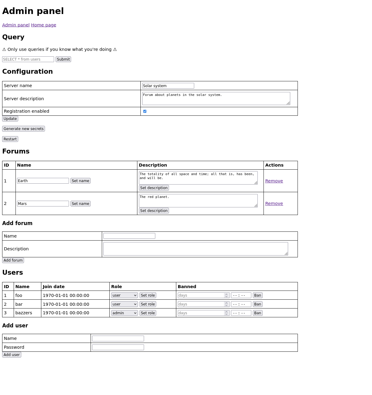 Admin panel