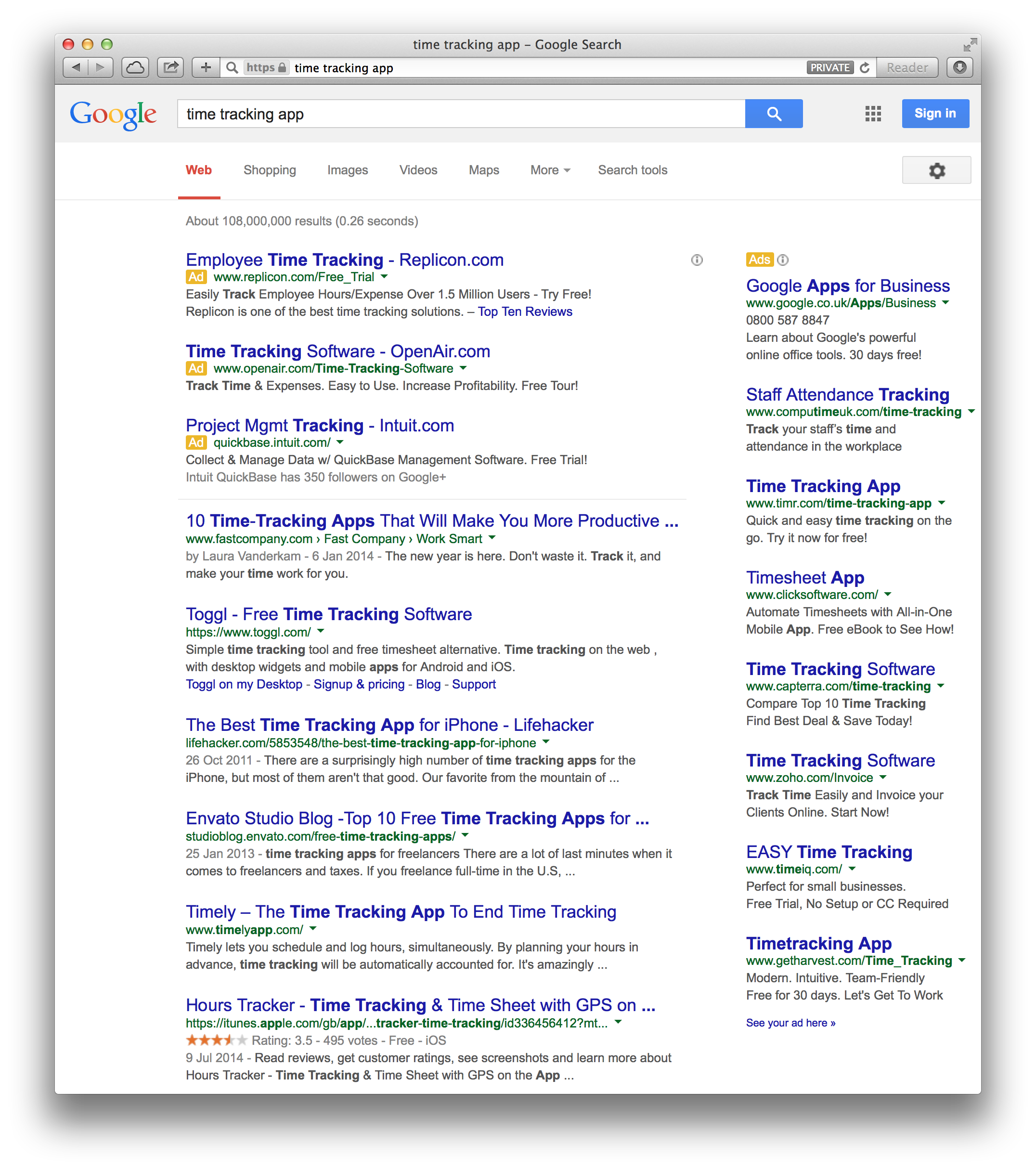 Google search for time tracking app