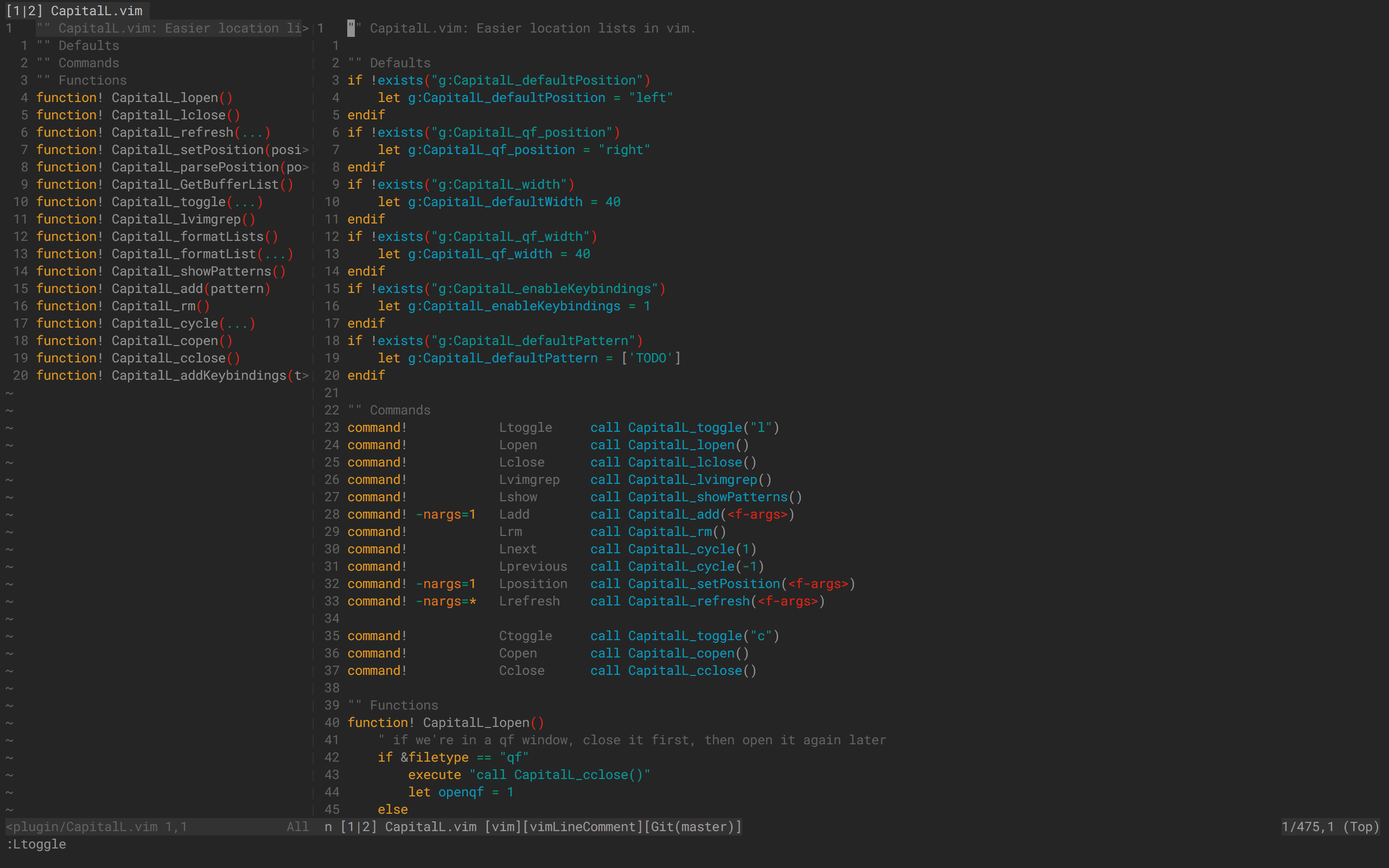 CapitalL.vim. Search pattern is (^""|^function)