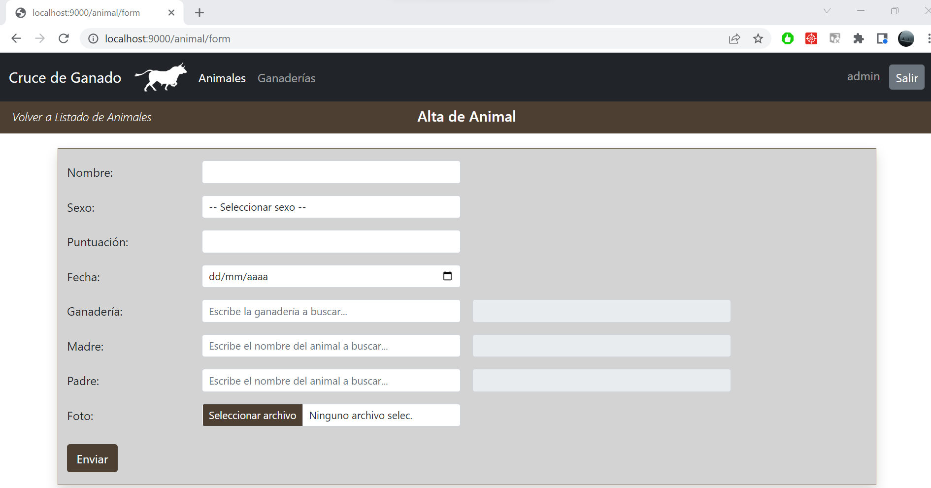 Cruce de Ganado: Formulario de alta de animales