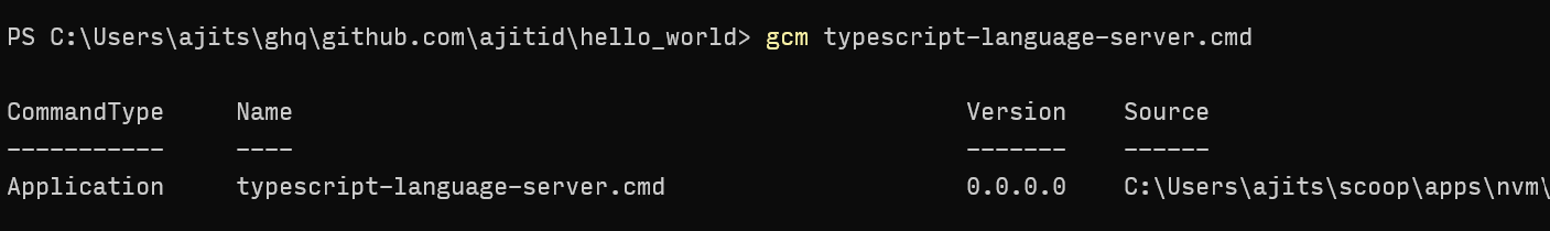 output of gcm typescript-language-server.cmd showing that the corresponding file is available