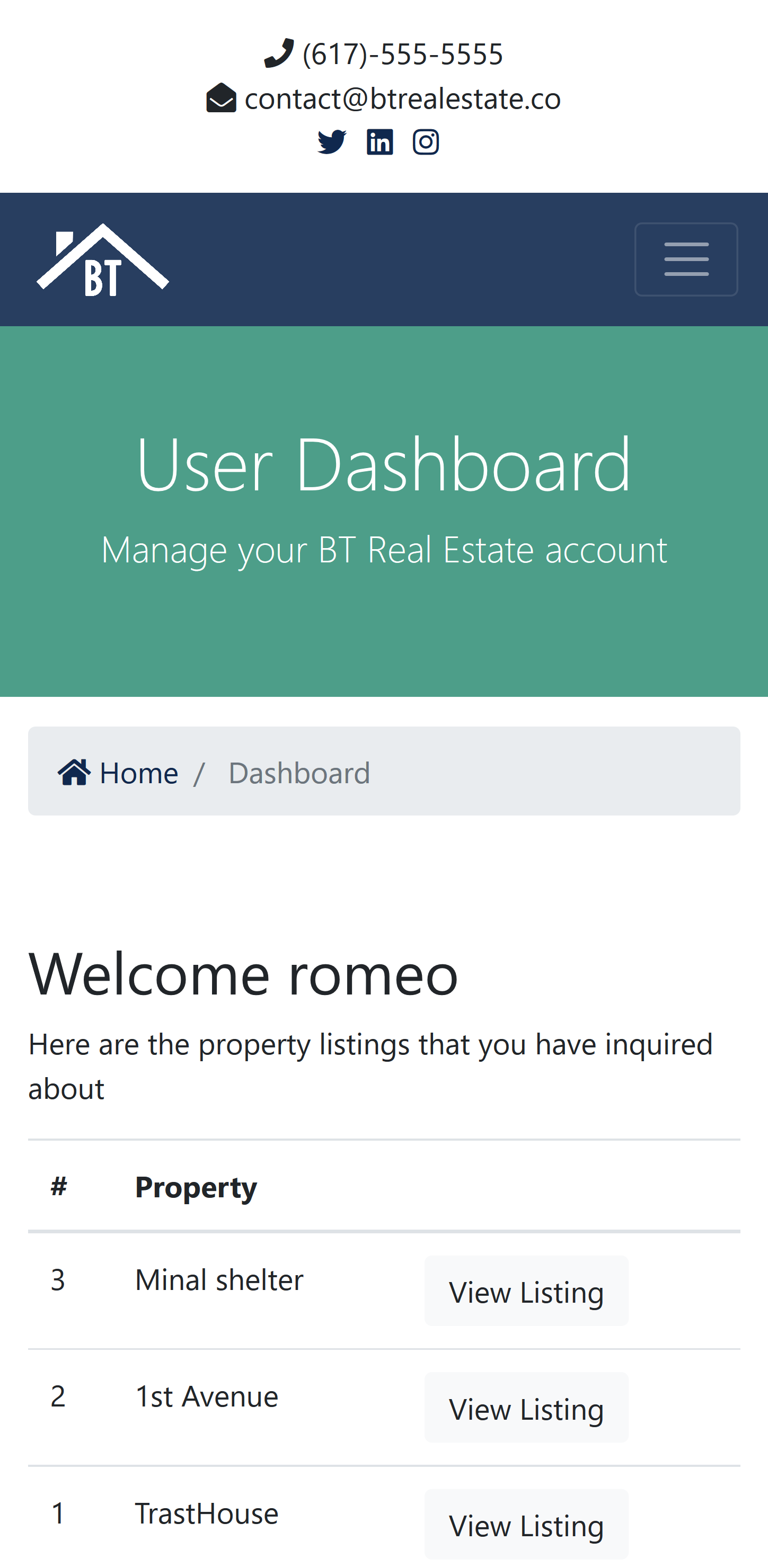 Mobile Dashboard Page