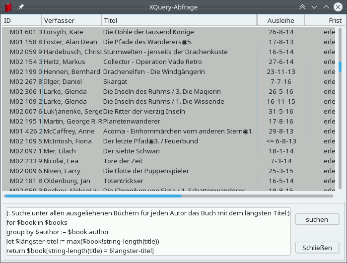 Verwendung von XQuery, um die Bücher mit den längsten Titeln zu finden.