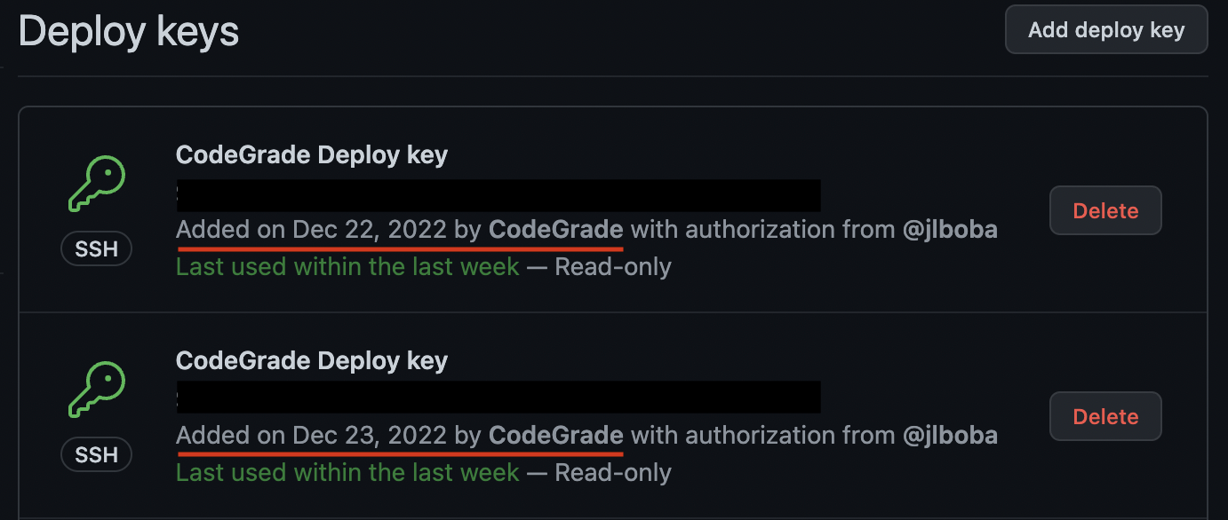 Deploy keys highlighting that the dates they were added are different