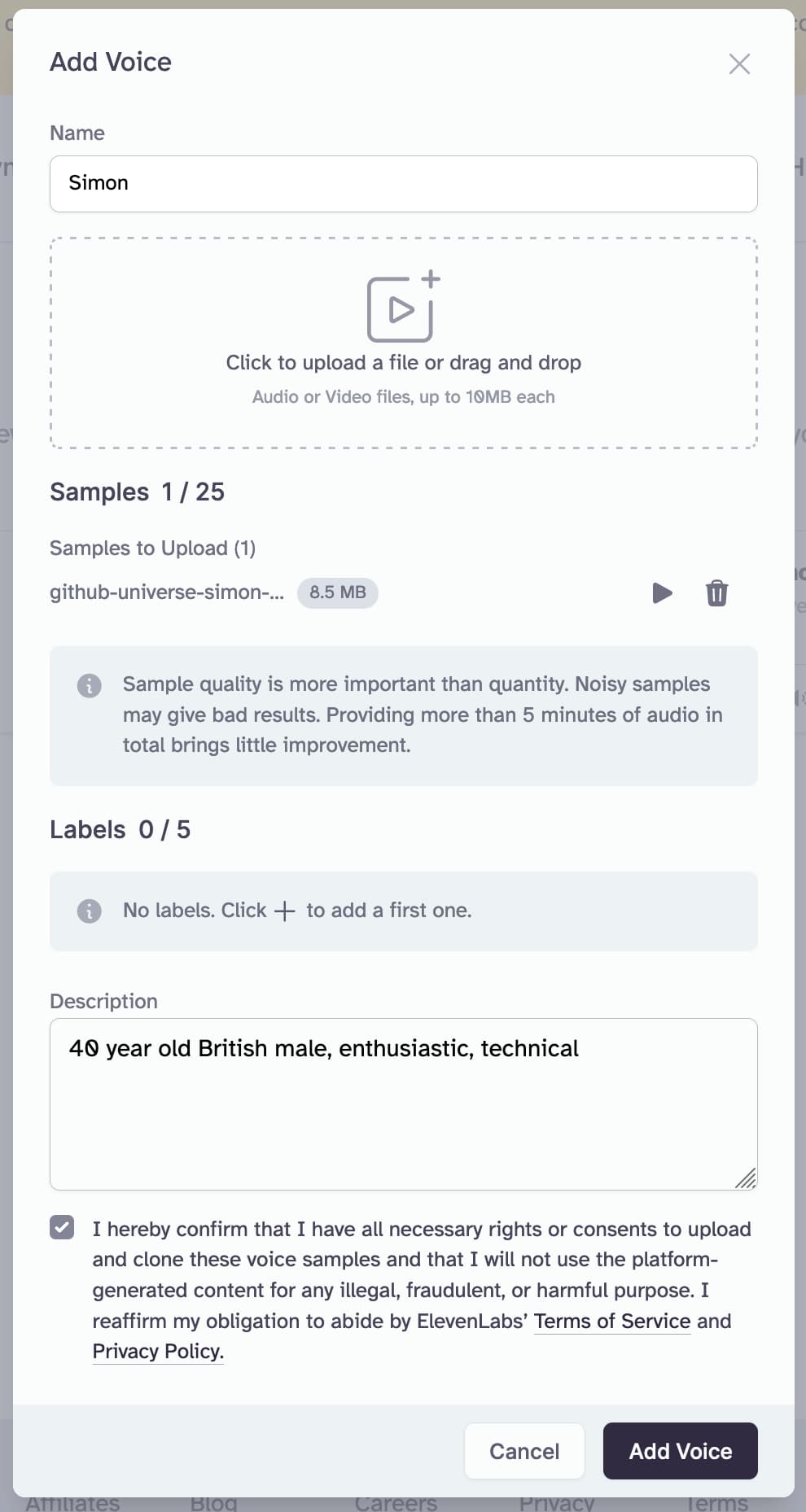 The Add Voice form. I have set the name, uploaded a single 8.5MB audio file, set a description and clicked the checkbox. The Add Voice button at the bottom of the form is highlighted.