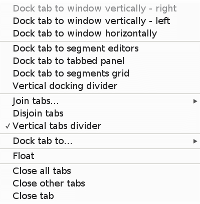 Tabbed panel tab context menu