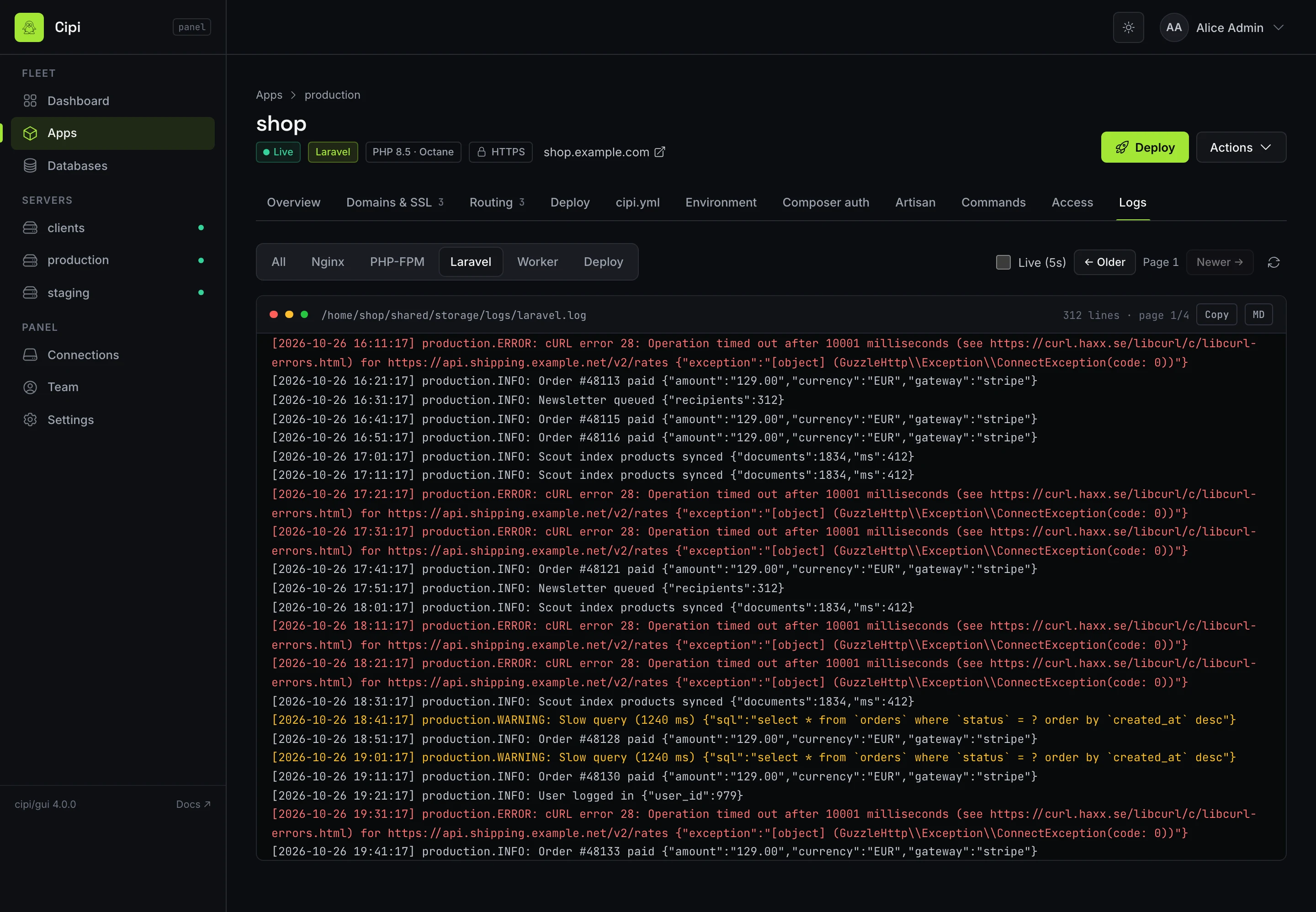 Logs viewer with live refresh
