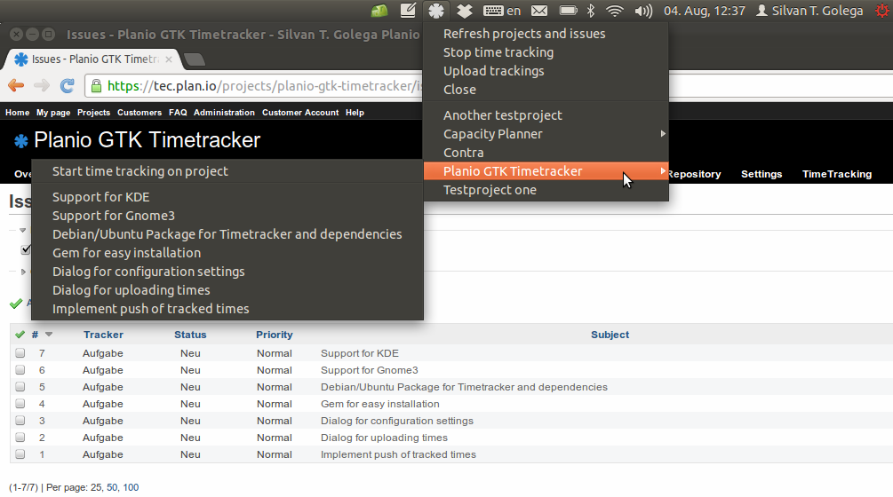 Usage sample of planio-timetracker-gtk with the menu and several projects open.