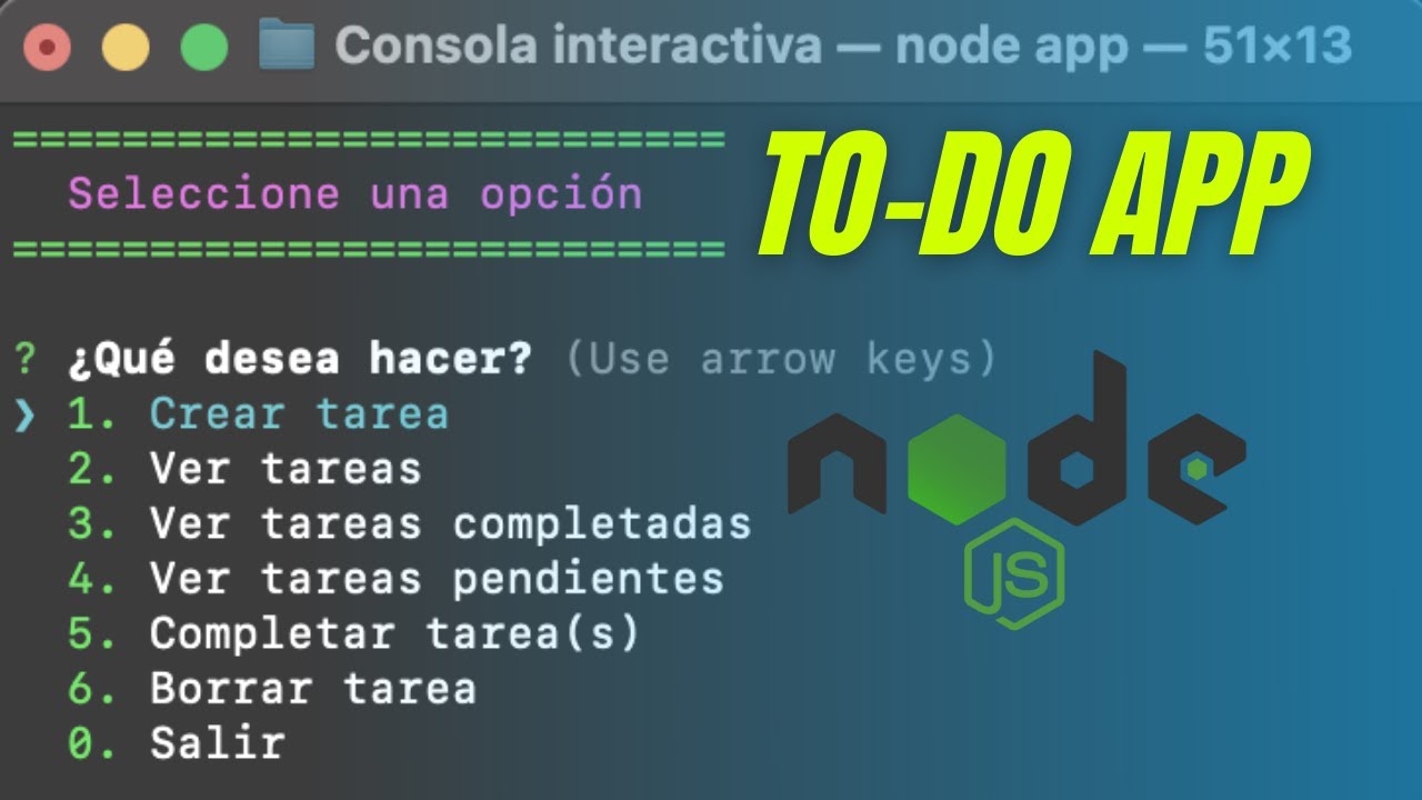 💻 APLICACIÓN TO-DO EN CONSOLA INTERACTIVA CON NODEJS 🟢 (COLORS 🌈, INQUIRER 🎮, UUID 🆔, FS 📜)