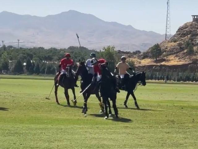Polo players on horseback mid-game