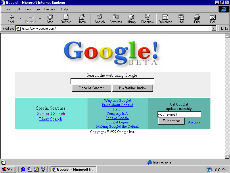 1999 Google viewed on Internet Explorer 4.0 on Windows 95