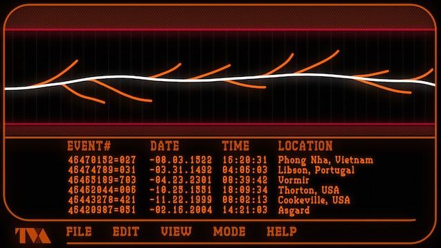 TVA timeline view, white line with branching orange lines